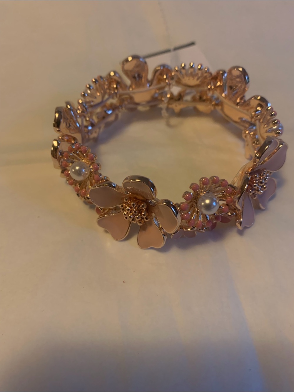 Rose Gold Floral Enamel Stretch Bracelet with Faux Pearls